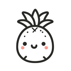 Happy pineapple line art, black and white, cheerful tropical fruit illustration on white