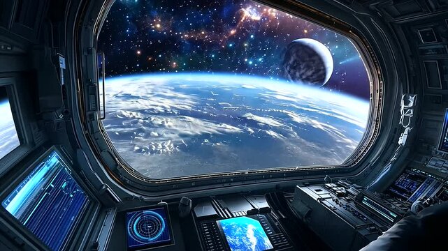 A wide-angle view of a wide-open space station window showing the vastness of outer space, with distant stars and planets, as astronauts work inside the station