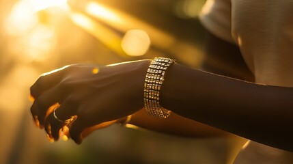 Elegant gold bracelet on african female's hand in golden sunset light