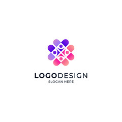 A group of people, flowers, and hearts in feminine colors for the logo of an orphanage, child protection, social welfare, and education.