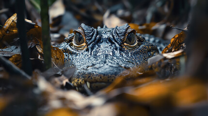 Obraz premium Crocodile camouflaged among leaves and branches, eyes alert