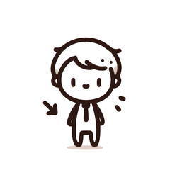 Confused businessman line drawing with arrow, brown and white, uncertain professional illustration on white