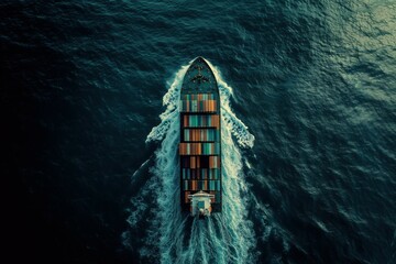 Aerial view of an empty container ship on the open sea, with colorful containers stacked high.