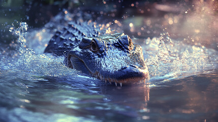 Fototapeta premium crocodile emerges from water, creating splashes in dramatic scene