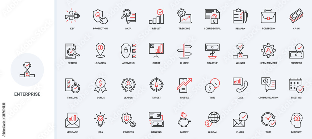 Poster business project and enterprise, ideas and communications in workflow line icon set. system structur