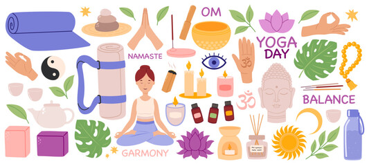 Yoga elements set. Collection of things, equipment for yoga, incense sticks, oils, mat, block, tea, candle. Woman in lotus position meditates. Flat Vector illustration isolated on white background