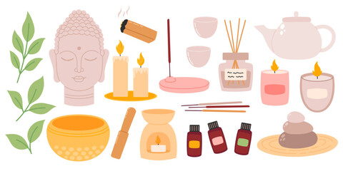 Yoga and meditation elements set. Collection of things, equipment for relax, incense sticks, oils, tea, candle. Flat Vector illustration isolated on white background