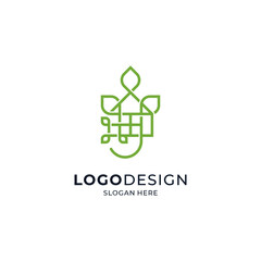 green building and foliage for eco-friendly, botanical and hydroponic housing logo