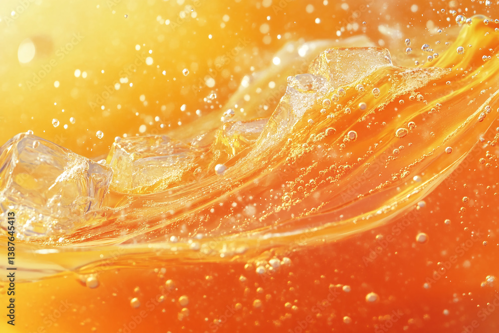 Poster amber liquid with ice cubes, creating a refreshing and bubbly texture, showcasing a vibrant and dyna