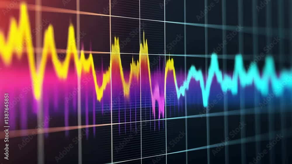 Poster vibrant sound wave visualization showcasing colorful peaks and audio frequency dynamics in modern di