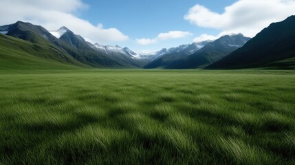Fototapeta premium Vast grassy valley nestled between snow-capped mountains under a partly cloudy sky. Lush, vibrant green grass covers a wide valley floor, framed by rugged, high peaks. Sunlight illuminates the scene