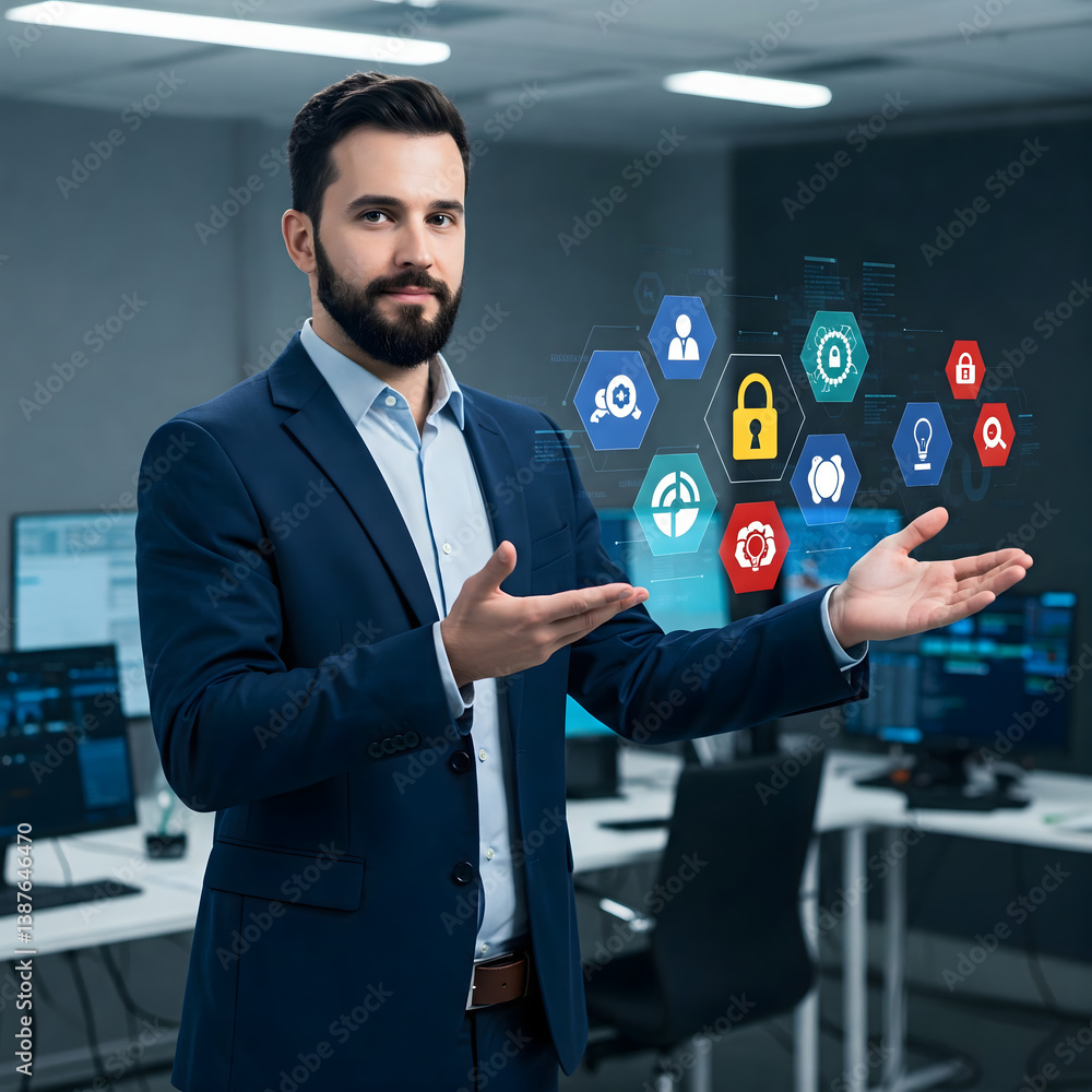 Poster cybersecurity guardian: a poised business professional, clad in a sharp suit, gestures towards an ar