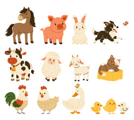 Flat style illustration of cute farm animals including horse, pig, bunny, dog, cow, sheep, goat, cat, chicken, duck, and chicks, ideal for children’s books, learning materials, and farm-themed designs