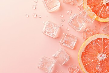 Fototapeta premium Fresh grapefruit slices with melting ice and water drops on pink background, top view