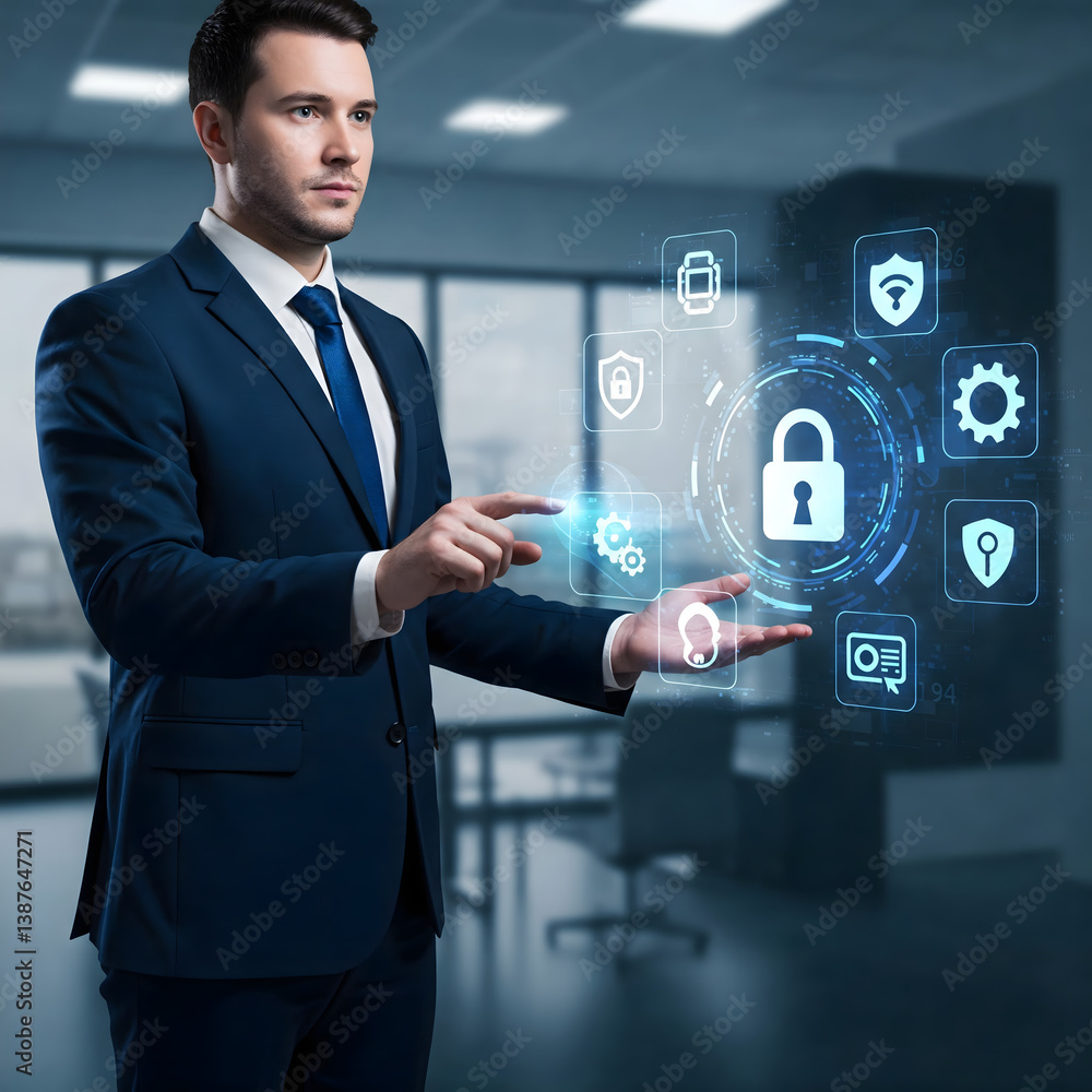 Poster data security: a man in a suit showcases a futuristic display of data security features and protecti