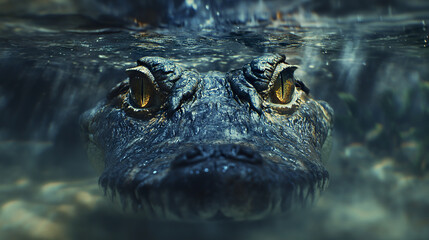 Fototapeta premium Crocodile submerged just below water surface, eyes peering intensely