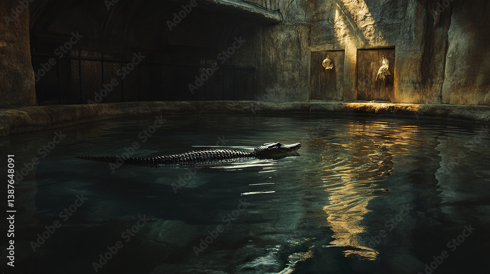 Poster crocodile swims in zoo artificial river, creating ripples