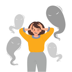 Woman suffers from mental health problems. The concept is paranoid woman in panic. Flat vector illustration isolated on white background.