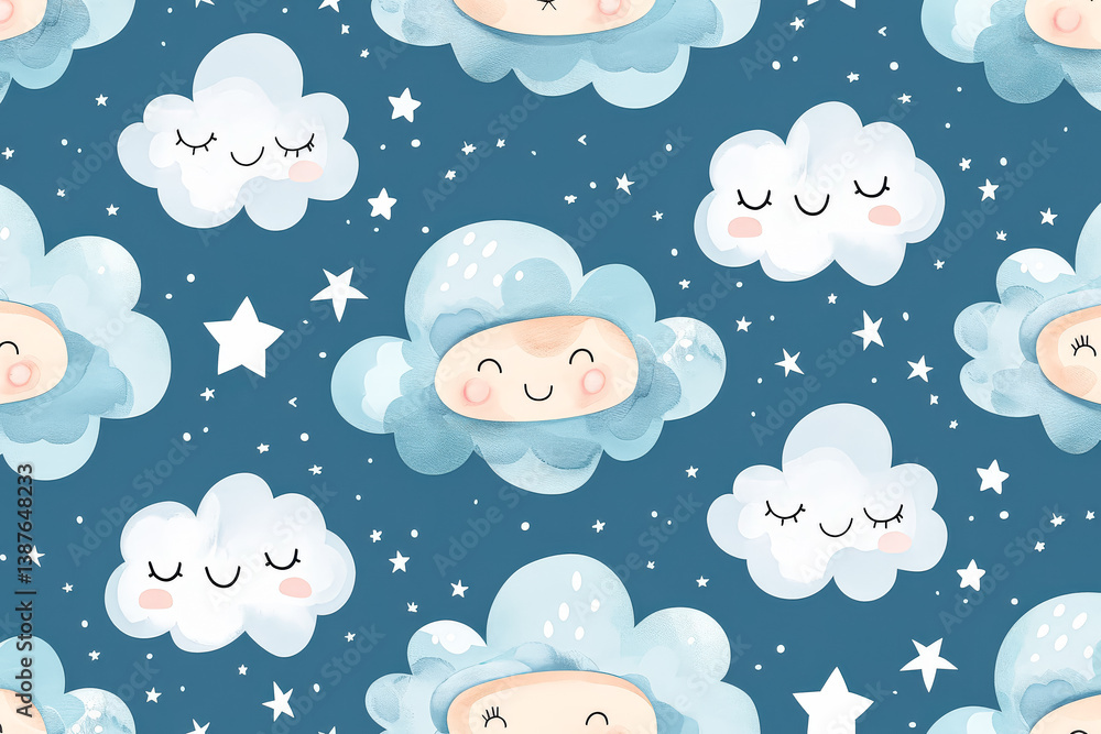Poster blue and white pattern of clouds and stars with smiling faces