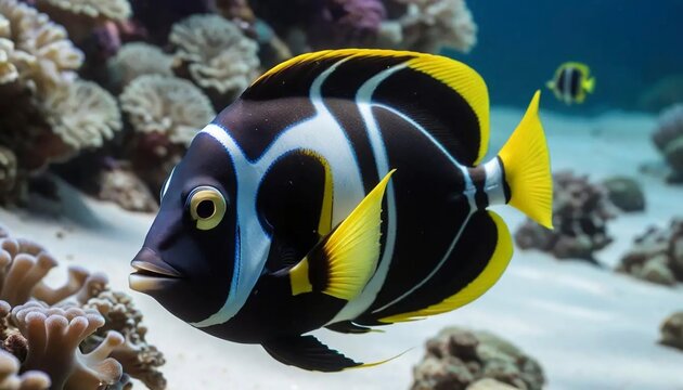 A vibrant close-up shot of a Saddleback Clownfish (Amphiprion polymnus) swimming gracefully in its natural habitat. The color of this fish is striking and unique. 