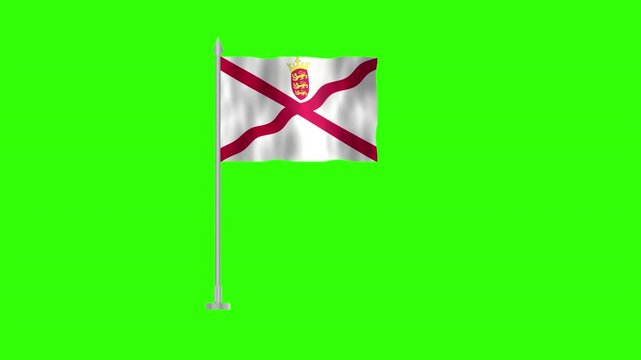 Flag of Jersey, Pole flag of Jersey on Green screen chroma key, Jersey 3D Animation flag waving in the wind isolated on Green Background. 
