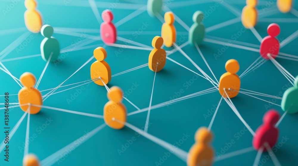 Poster colorful figures interconnected by thin white lines on a teal background, illustrating a network or 