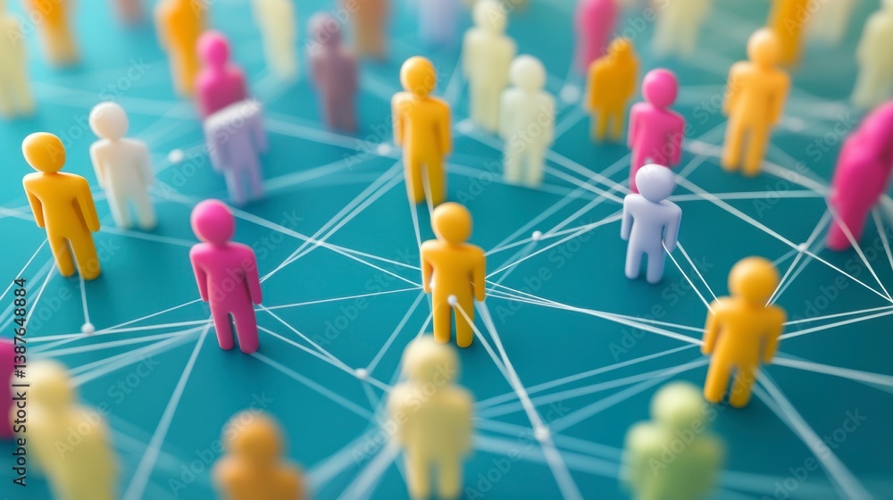 Poster colorful figures interconnected by a network of lines on a teal surface, representing social connect