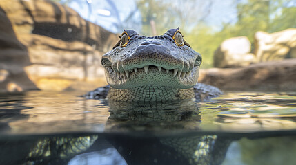 Fototapeta premium Crocodile with mouth slightly open in water, sharp teeth visible