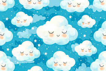 Blue and white background with a pattern of clouds and stars