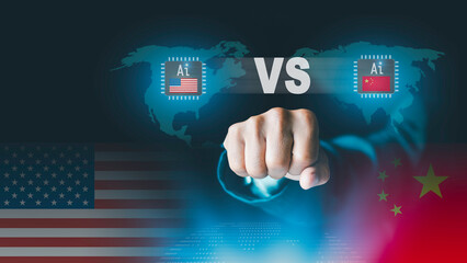 AI tech war Concept. battle of Artificial Intelligence Development,  China and United States CPU computer, quantum computing semiconductor industrial, Technology Industry Investment