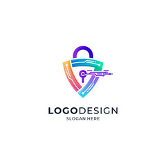 colorful shield and padlock with futuristic style for cyber security logo and virus or digital data protection