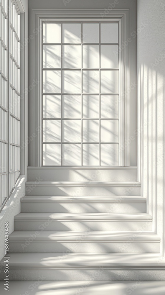 Poster minimalist interior staircase with large window. sunlight streams through, creating shadows on the s