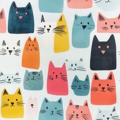 Colorful abstract cat pattern with whimsical design elements