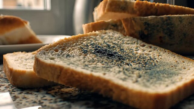 Moldy bread slices represent unhealthy food waste, emphasizing need for reduction in our daily consumption and storage practices.