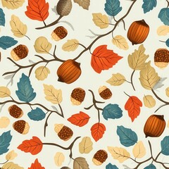 Fototapeta premium Autumn leaves and acorns pattern with colorful foliage