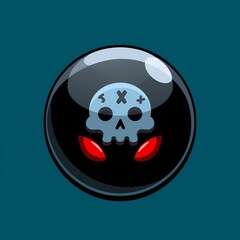 Eerie Skull Icon in Monochrome with Red Eyes on Teal Background