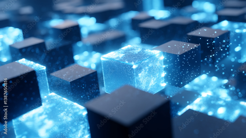 Poster abstract glowing blue cubes arranged in a pattern with dark cubes on a blurred background design con