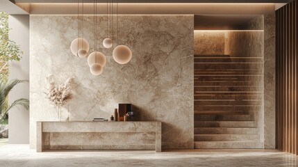 Tranquil interior with modern lighting stone textures and staircase design in beige color scheme