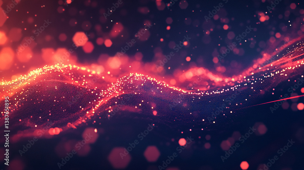Poster Abstract red and dark-purple glowing particles forming wavy texture, creating a dynamic and energetic visual, suitable for technology or design concepts