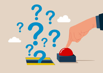 Businessman hand presses the start red button. Push start to open door and to see question marks. Thinking of who what where when why and how. Asking questions for solution to so. 