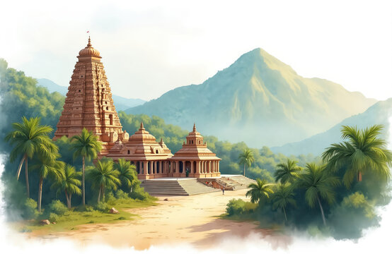 Hindu Narasimha temple located in Simhachalam, Andhra Pradesh, South India. Traditional architecture features sacred buildings, tower against mountain landscape. Religion, hinduism, avatar god.