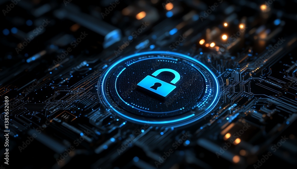 Poster voice recognition and authentication technology with sound waves encircling a lock icon, symbolizing