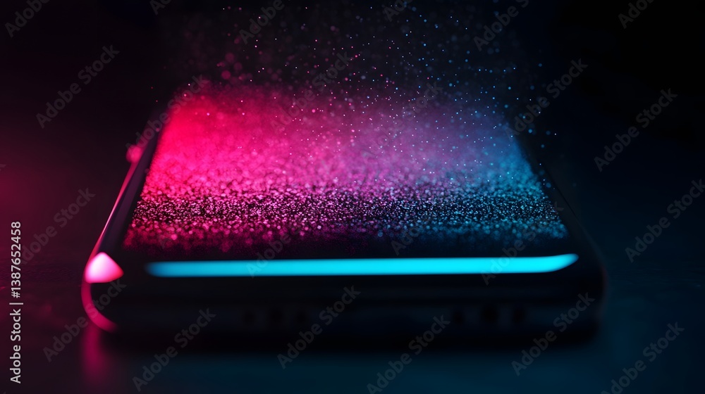 Aufkleber neon digital smartphone emitting virtual particles, tech-driven mobile interaction