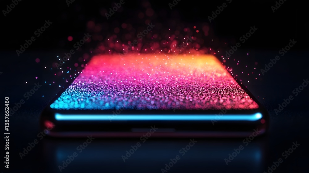 Poster neon digital smartphone emitting vibrant virtual particles for tech-driven mobile interaction