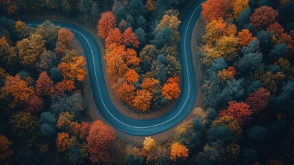 Aerial view of winding road through vibrant autumn forest with colorful foliage, peaceful nature scenery, and scenic travel inspiration in fall season. top view