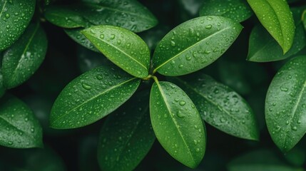 Fototapeta premium Lush green leaves with water droplets. Close-up of vibrant foliage