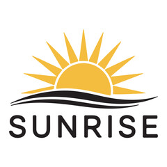 Minimalist logo design, stylized rising sun, yellow semi-circle with rays, black wavy lines representing horizon or water, bold black text SUNRISE, clean white background, simple geometric shap