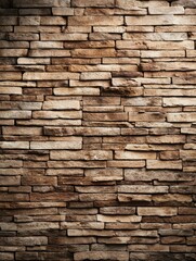 Fototapeta premium A textured wall made of stacked stone bricks in various shades of brown, creating a rustic and natural appearance.