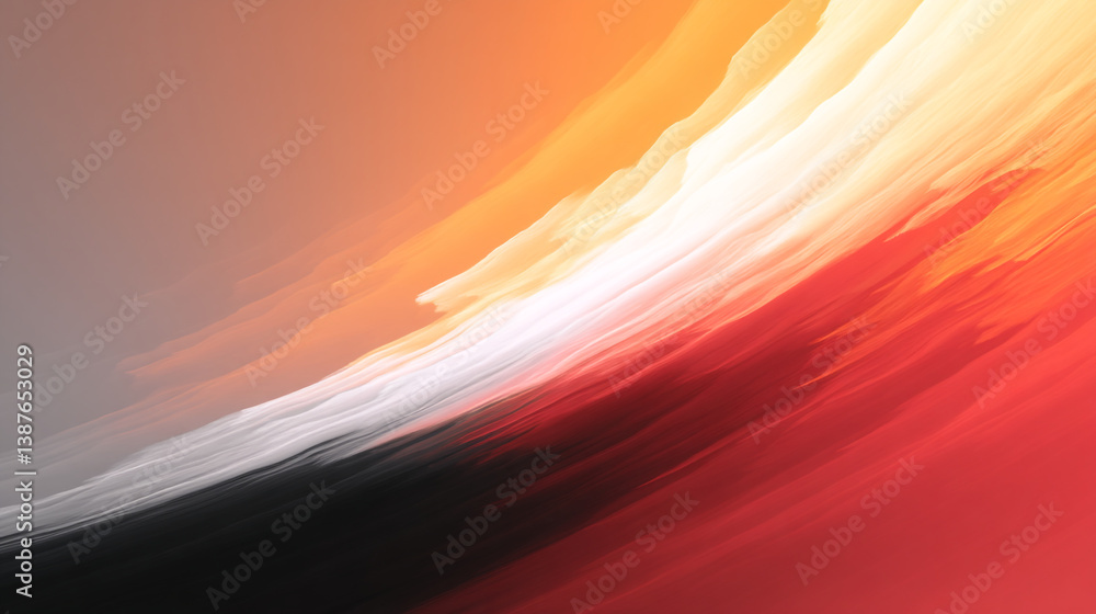 Poster abstract painting with diagonal strokes of orange white and red creating a dynamic composition
