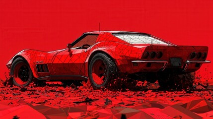 A striking low-poly rende of a classic 1960s red Corvette Stingray sports car, showcased in a dramatic red low-poly landscape, displays its powerful rear profile and iconic